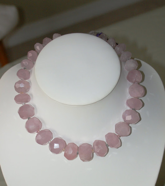 Graduated Chunky Faceted Rose Quartz Necklace with Multicoloured (Neutral) Swarovski Spacer Beads