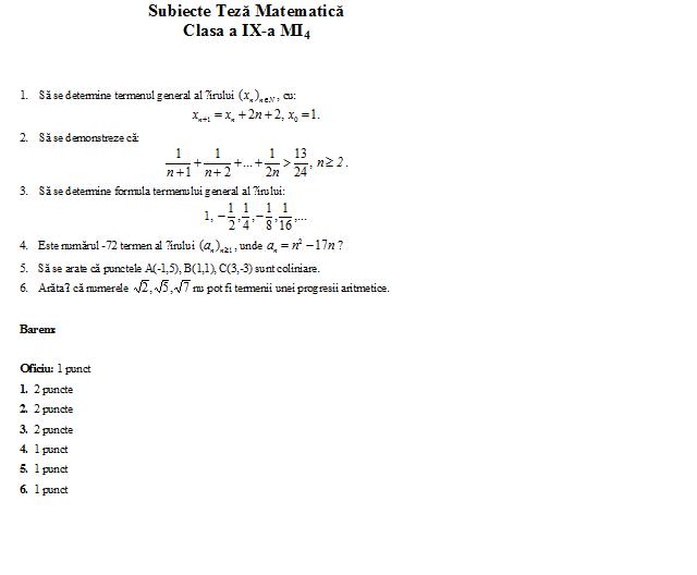 Teza Matematica Clasa 9 Sem 1 Matematica: Subiecte Teza Clasa a IX-a Semestrul 1