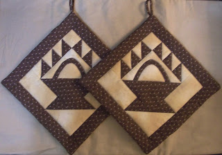 double handled potholders in brown and tan colors