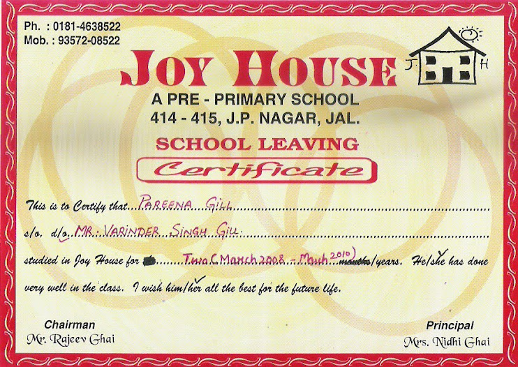 Pareena JOY-HOUSE Playway Leaving Certificate (31st March, 2010)
