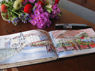 acuarela watercolor paisaje urbano mercado de flores arenal bilbao boceto urban sketcher