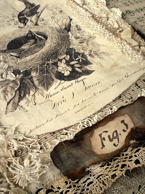 Fabric collage with vintage bird image