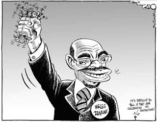 Meles Zenawi ganó la elección presidencial de mayo de 2010 con 99.6% de los votos. Caricatura por Gado.