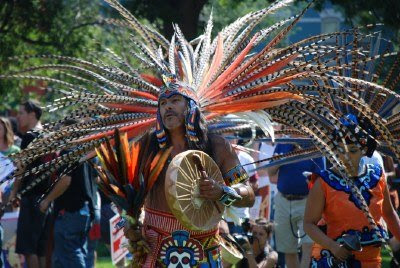 Aztec feathers, Immigrant Rights March, Denver