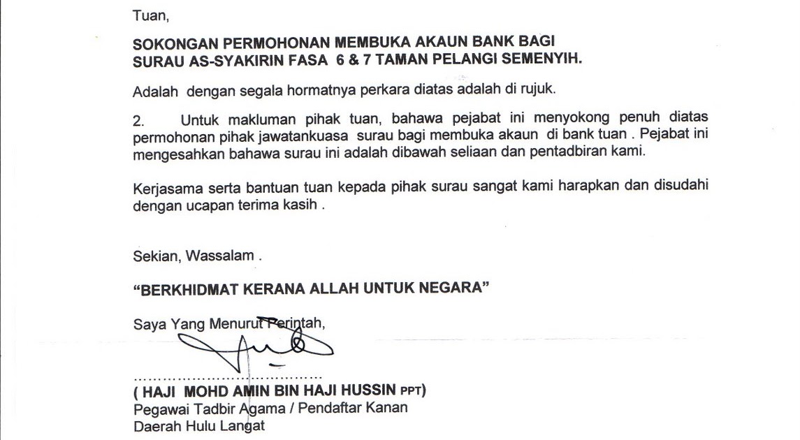 Surat Kebajikan Untunk Buka Bank Akaun