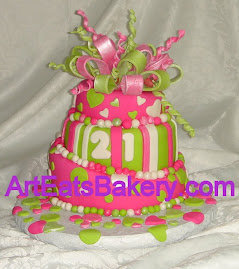Neon pink and green Topsey turvy birthday cake