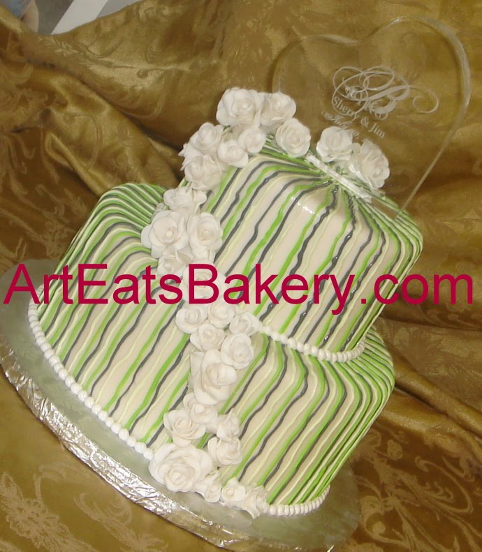royal icing striped two tier round ivory fondant wedding cake with white
