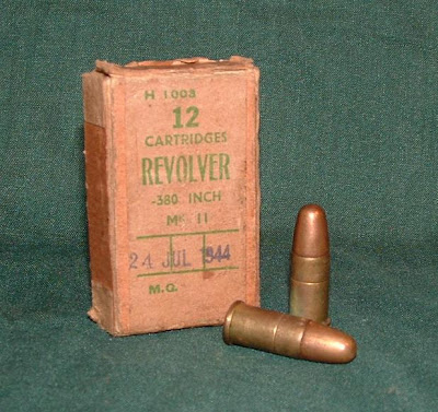 A box of World War II dated .380" Revolver Mk IIz cartridges. World War II