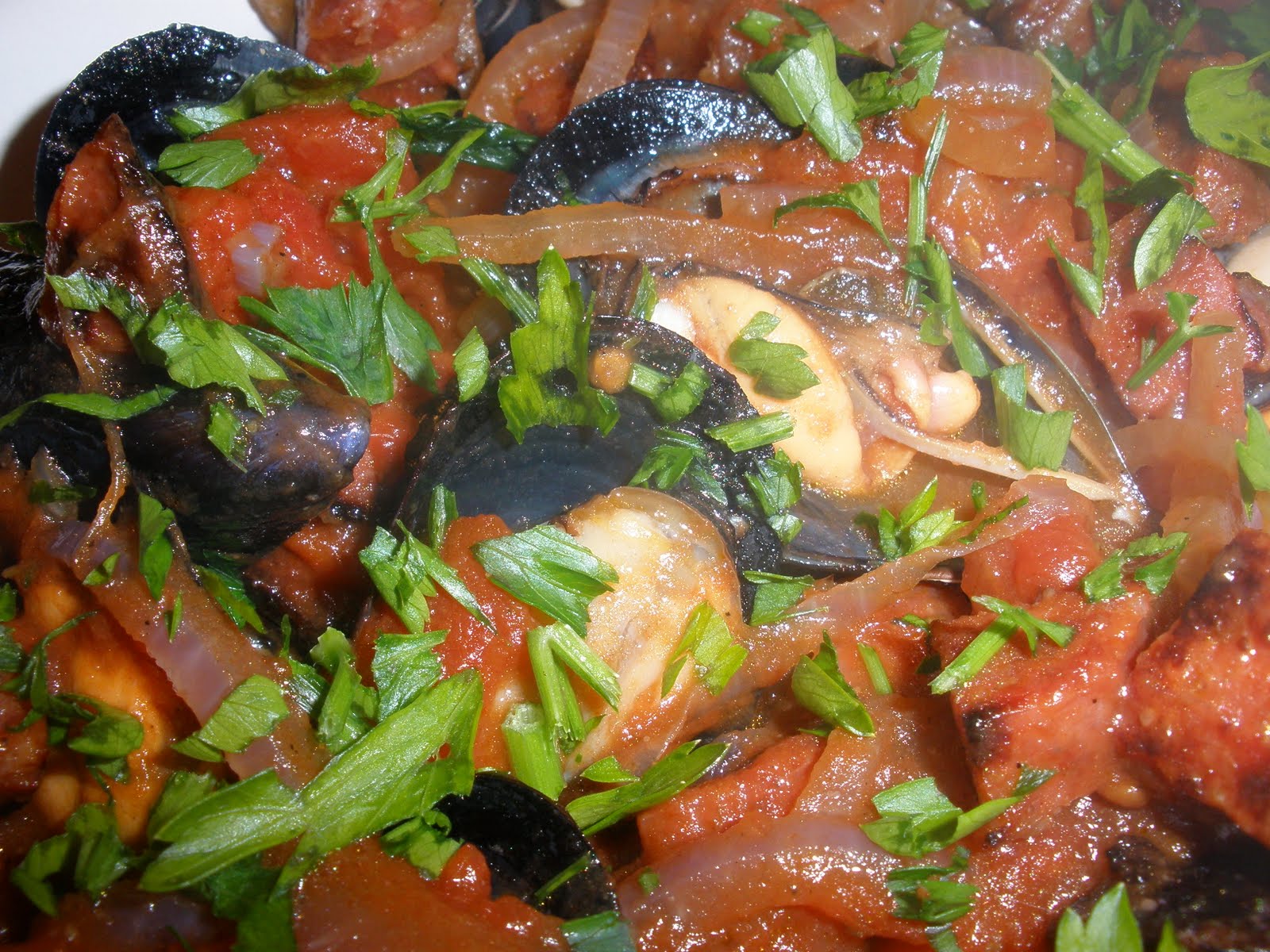 Sunday In My Kitchen Mussels with Tomato, Chorizo & Sherry