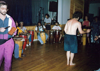 A free drum jam with Arthur Hull at the Omega Institute, 1993. Photo credit: John Hamilton