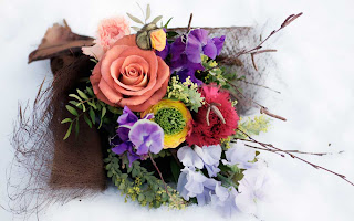 umringt von einigen kräftig farbigen mediterranen Blumen.