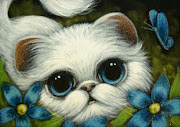 Spring White Persian Cat with Blue FlowersACEO SOLD (spring white persian cat )
