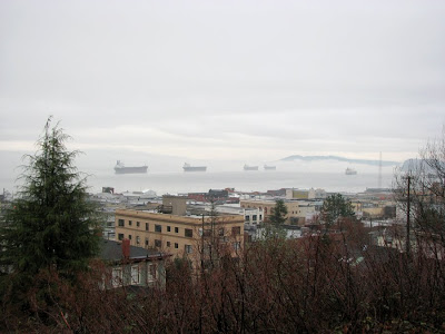 Ships in Clouds on the Columbia River at Astoria