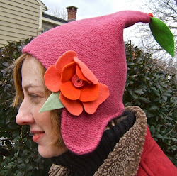 Pink Eco-friendly Upcycled Felted Lambs Wool Elf Hat with Rose