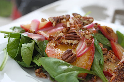 Spinach Salad with Stone Fruits and Maple-Spiced Pecans