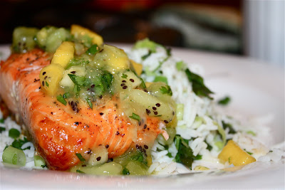 Cedar Plank Grilled Salmon with Tropical Fruit Salsa