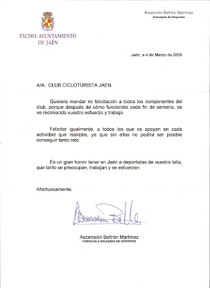 FELICITACION DE LA CONCEJALIA DE DEPORTES DE JAEN