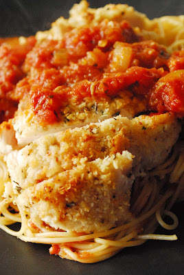 Ricotta Parmesan Chicken over Spaghetti