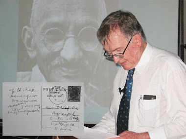 John Lea and the post card Gandhji sent to his father Philip Lea in 1936