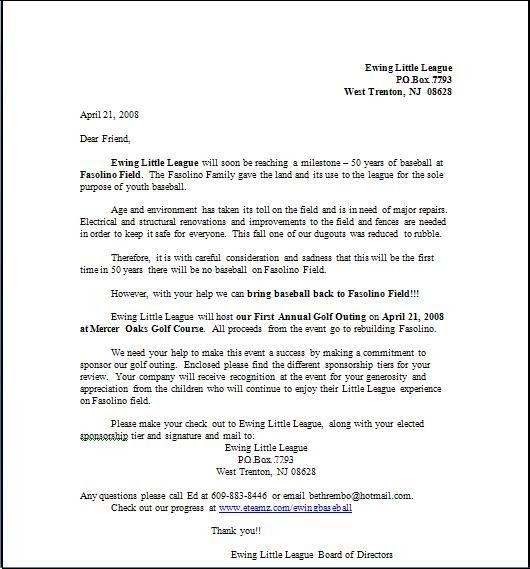 Ewing Little League Golf Outing: Golf Outing Sponsorship Letter