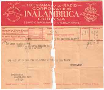 Telegrama d"avís de sortida vol desde l"Habana a Mèxic D.F.