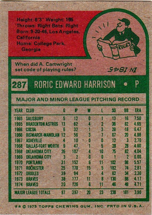 1975 Topps (it's far out, man): #287 - Roric Harrison