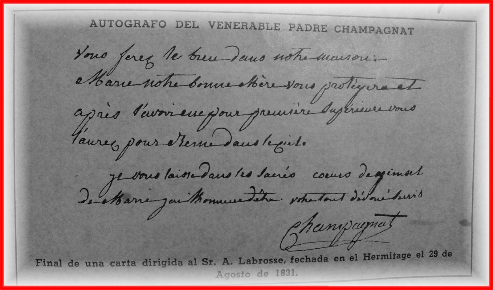 Final de una carta del Padre Marcelino Champagnat dirigida al Sr. A. Labrosse