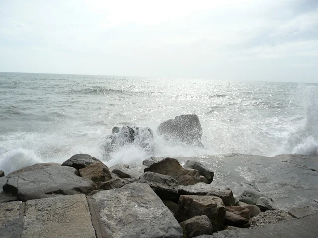 El mar rompiendo sobre rocas en la playa.