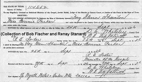 Bonnie Parker & Roy Thornton's marriage license