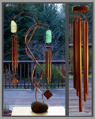 wind chime, freestanding, large, beach stone, copper, glass