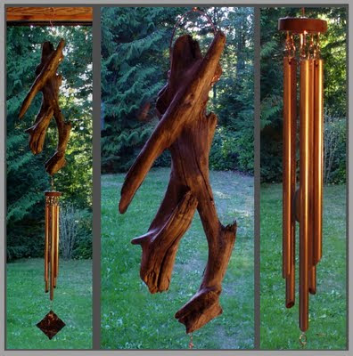 wind chime, driftwood, copper