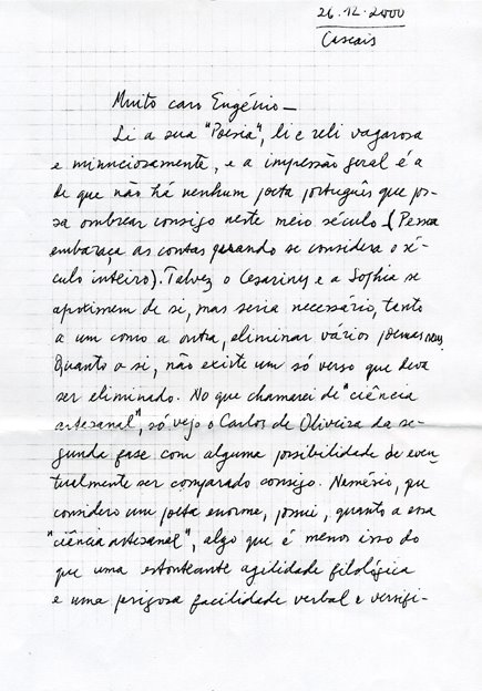 Uma carta de Herberto Helder a Eugénio de Andrade