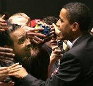 Supporters swarm as Blacks4Barack's Greg Jones & President Obama talk(Cleve. Plain Dealer)