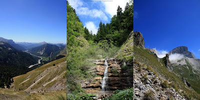 A gauche, le vallon de la Jarjatte. Au milieu, une petite cascade avant d'attaquer la grande montée. A droite, une vue sur le Rocher Rond pendant la grande montée.