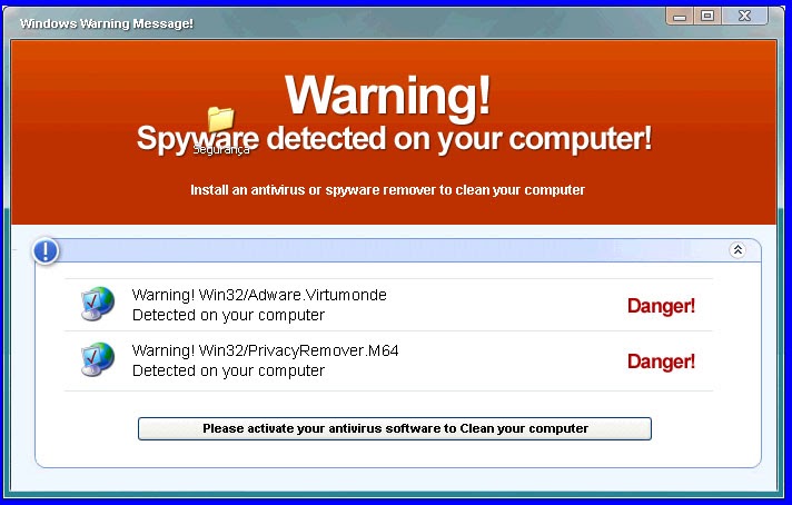 warning spyware and adware detcted on