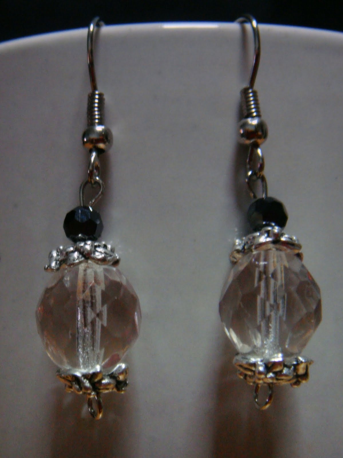 A*JewelBox Earrings with Clear Crystal, Onyx beads and Silver Caps