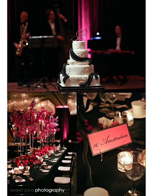 Pink Black And White Wedding Reception. The pink hued lighting