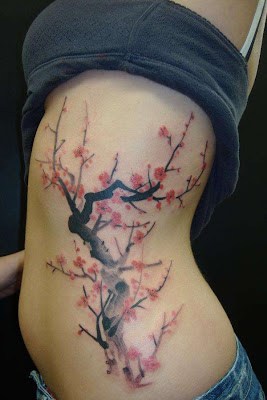 Cherry Blossoms on Watercolor Tattoo at the side