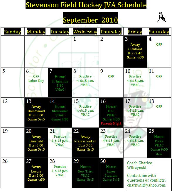 Stevenson JVA Field Hockey September Schedule