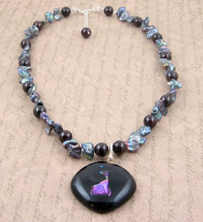fused glass pendant,keshi pearls,garnet beads,necklace