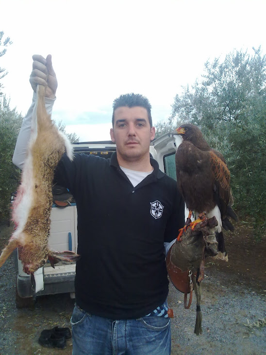 Mi amigo Jose (de Granada) con su hembra de harris y una magnifica liebre