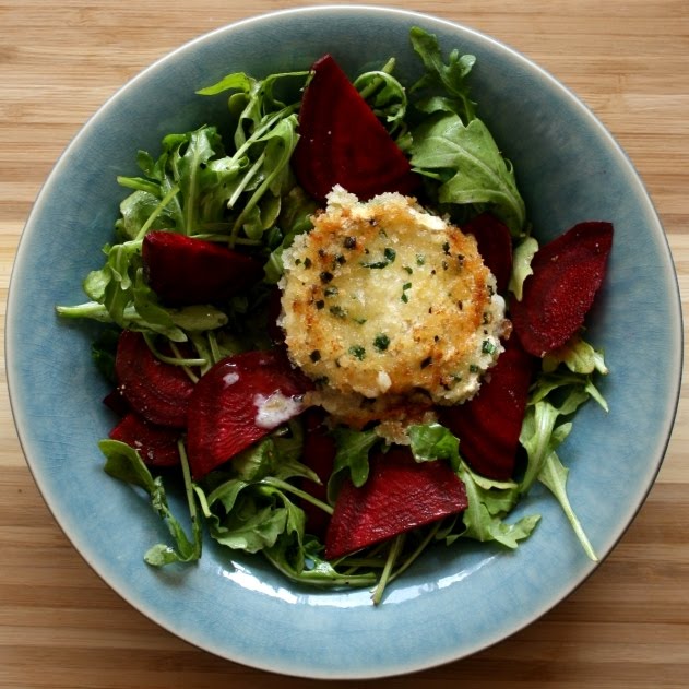 Mango & Tomato Raw Beet & Arugula Salad with Goat Cheese Medallions
