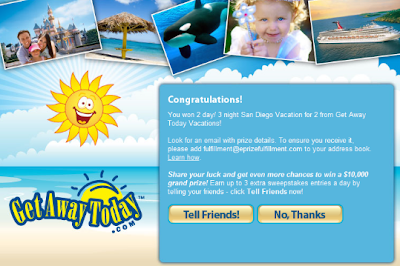 Get Away $10,000 Online Sweepstakes and Instant Win Game Winning Screen Shot