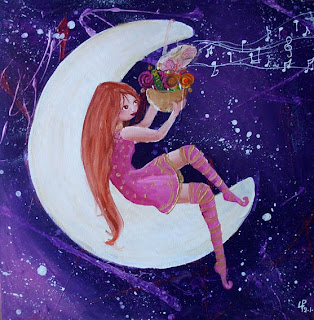 commande de peinture acrylique petit fée assise sur la lune qui tient des bonbons dans ses mains