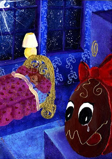 illustration jeunesse par l'illustratrice laure, une petite fille qui dort dans un joli lit doré, la lune passe à travers la fenêtre, le ciel est étoilé, un oeus en chocolat est posé sur la bibliothèque
