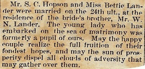 Shell & Bettie's wedding announcement, 1878