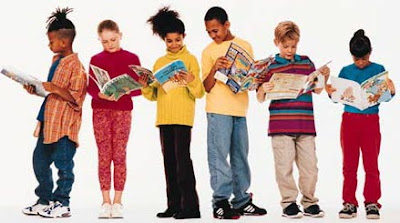six brightly dressed children in a row reading books