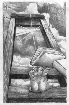 pencil drawing of a hand reaching for books through a guillotine