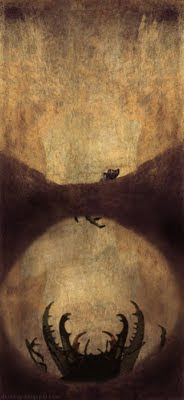 La imagen muestra el famoso cuadro de Goya, 'El perro en la arena'. Para quien no lo conozca, consiste en una extensa superficie de color parduzco, como si fueran las paredes de un pozo de arena. En la parte inferior asoma la cabeza de un perro que se está hundiendo o que intenta escapar de ahí. La composición, como se ve, es muy sencilla, pero consigue transmitir un intenso desasosiego, inquietud y angustia. El cuadro se ha continuado por la parte de abajo. El añadido nos muestra una gruta hueca  en la arena, recuerda ligeramente a un reloj de arena. Por la parte superior se ve parte del cuerpo y las patas del perro, que luchan en vano por asirse a algo sólido para no resbalar y caer al fondo. Justo en el fondo asoma un monstruo voraz y espantoso, de aspecto insectoide, con grandes y terroríficas pinzas ansiosas por capturar a su presa.