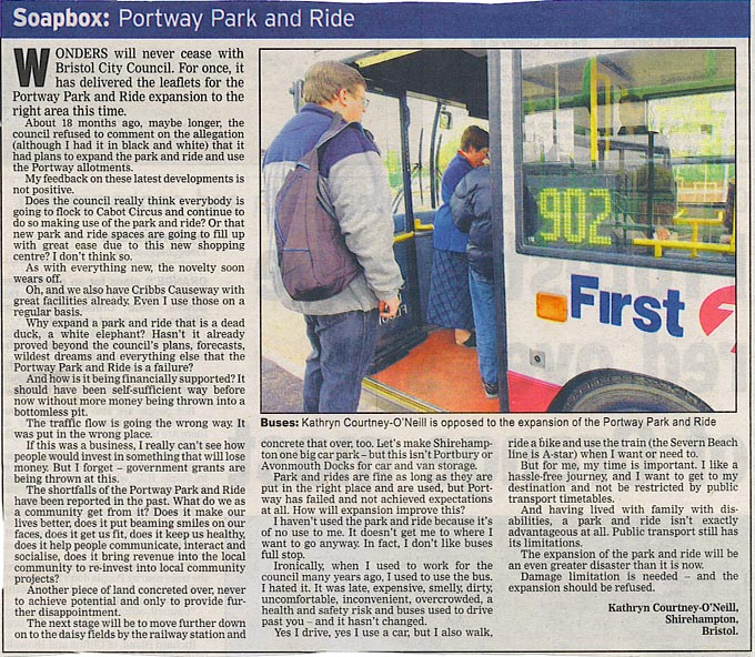 Portway Park And Ride Blog Bristol Evening Post letter and other Media